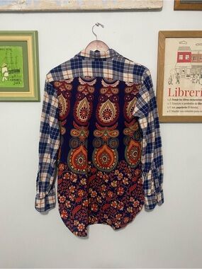 J. Crew Blue Plaid Sleeve Shirt with Upcycled Paisley Back Panel